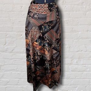 Mely Multicolor Earthtone Patchwork Print Flowy High Fold Over Waisr Maxi Skirt